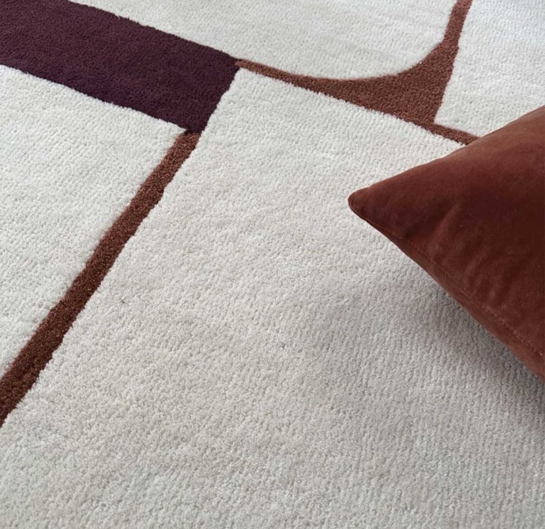 Modern Abstract Geometric Wool Rug | Hand-Tufted Minimalist Area Carpet | Cream Brown Burgundy Contemporary Design | Living Room Bedroom Decor