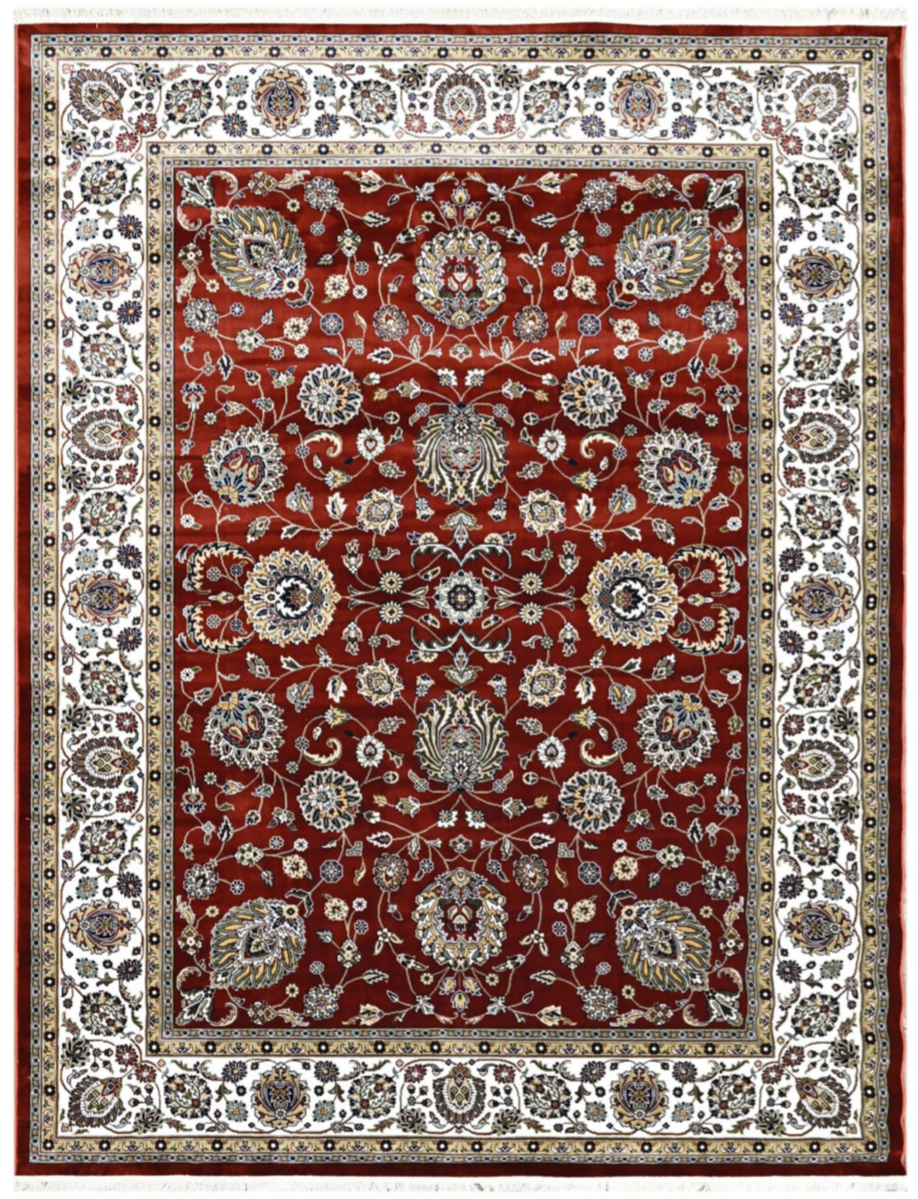 Luxury Persian Silk Area Rug – Deep Red Traditional Floral Design with Elegant Ivory Border