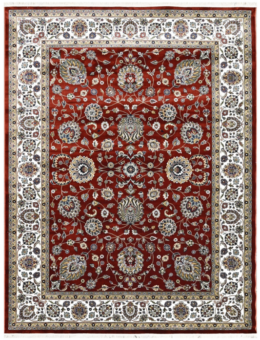 Luxury Persian Silk Area Rug – Deep Red Traditional Floral Design with Elegant Ivory Border