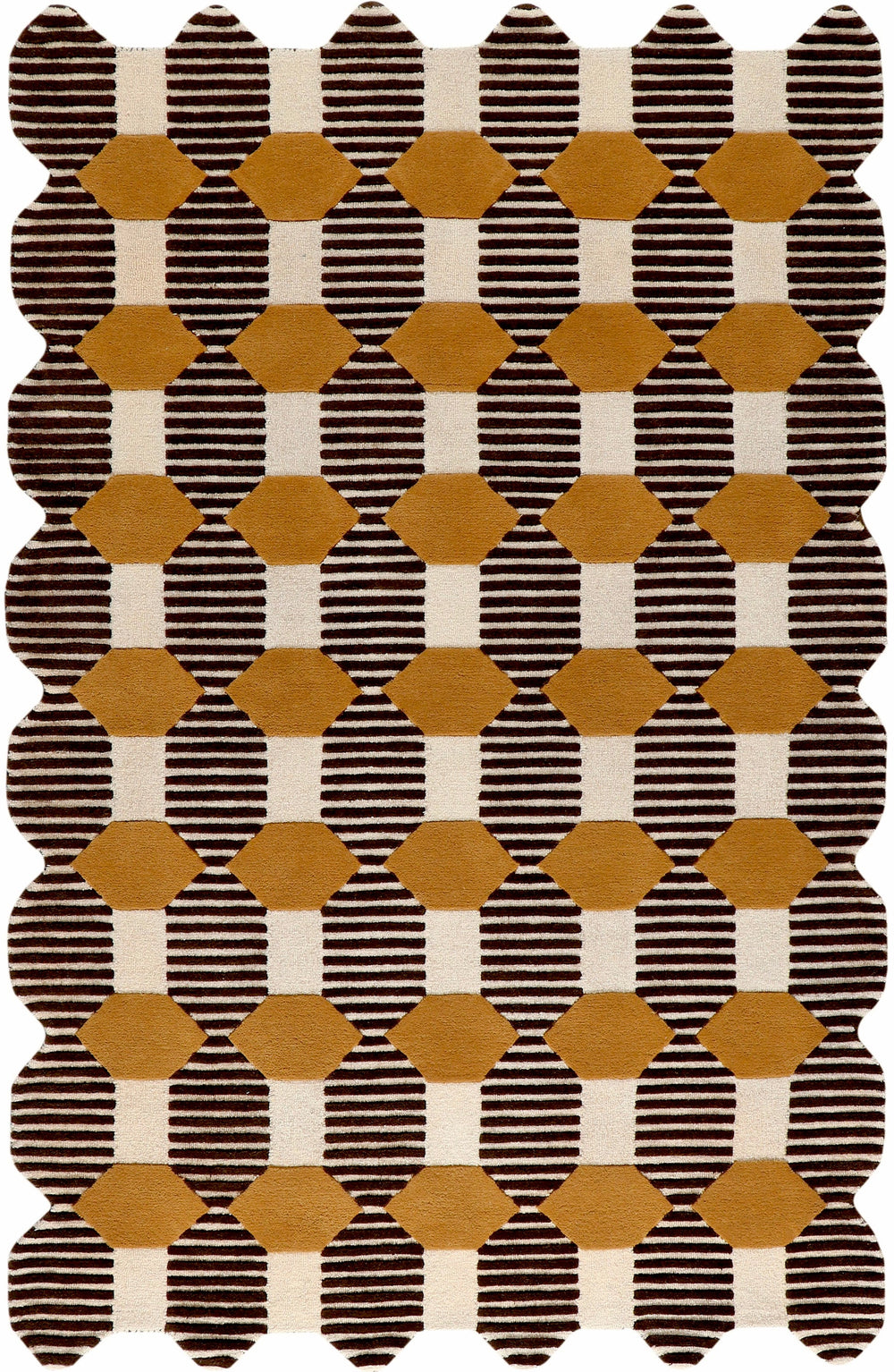 Mid Century Modern Geometric Area Rug – Hand Tufted Mustard Yellow & Brown Striped Pattern Carpet for Living Room, Dining & Office Décor