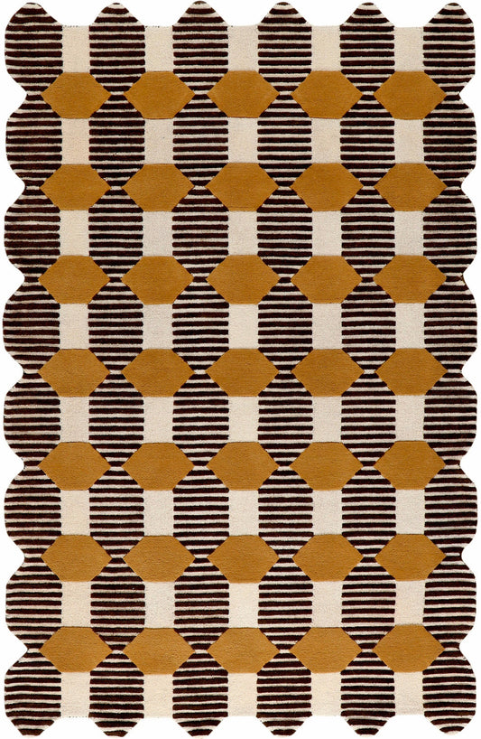 Mid Century Modern Geometric Area Rug – Hand Tufted Mustard Yellow & Brown Striped Pattern Carpet for Living Room, Dining & Office Décor