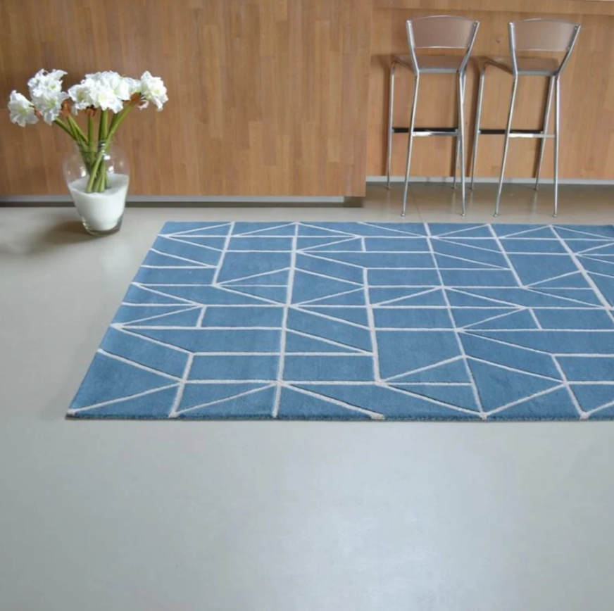 Blue Geometric Hand-Tufted Wool Rug – Contemporary Area Carpet for Living Room, Bedroom & Office Décor