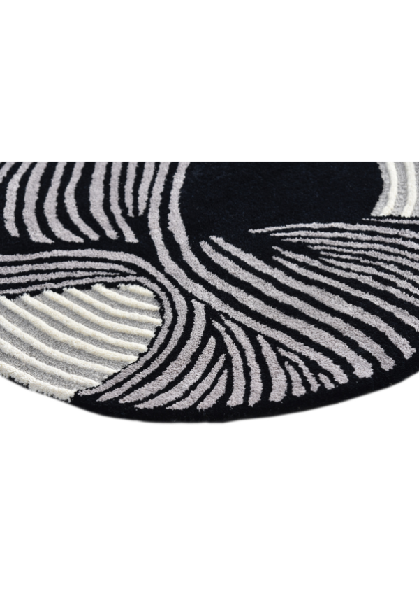 Modern Abstract Round Rug – Black & Gray Wavy Line Design | Contemporary Hand-Tufted Area Carpet for Living Room & Bedroom Décor