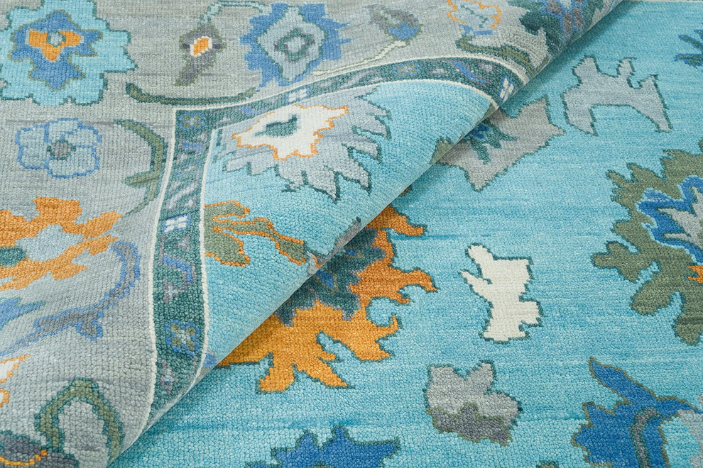 Hand-Knotted Blue Oushak Rug – Authentic Turkish Wool Area Carpet | Luxurious Handmade Oriental Design