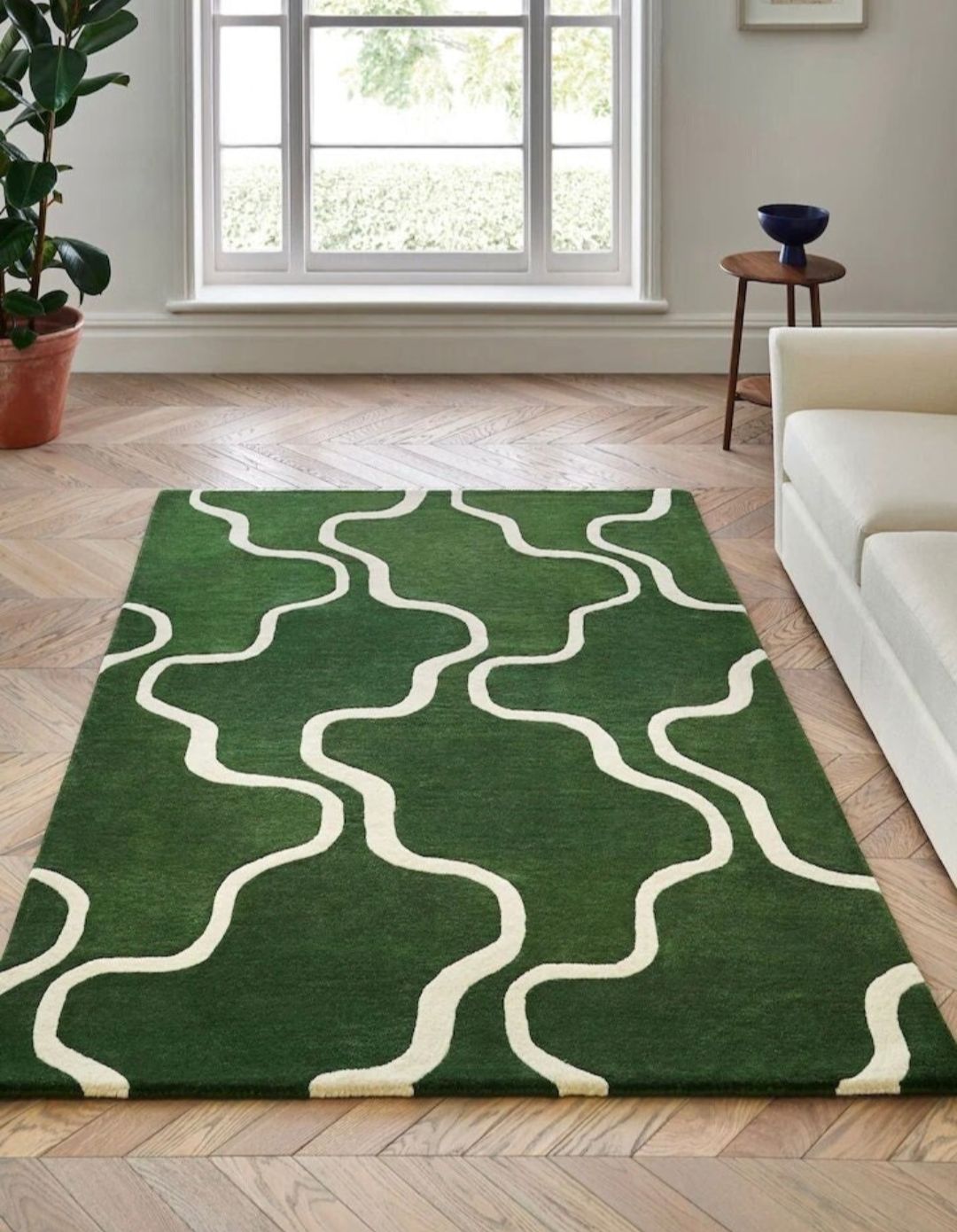 Wavy Green and Cream Modern Area Rug – Hand-Tufted Abstract Carpet for Living Room, Bedroom & Home Decor