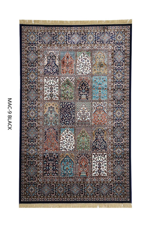 Luxury Persian Silk Rug – Black Multicolor Patchwork Oriental Carpet, Fine Traditional Design, Elegant Home Decor