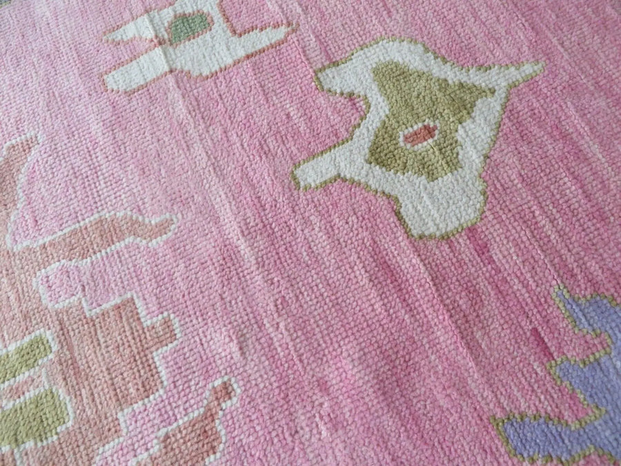 Blush Pink Hand Knotted Oushak Rug – Vintage Turkish Style Floral Medallion Carpet, Soft Pastel Large Area Rug for Living Room & Bedroom