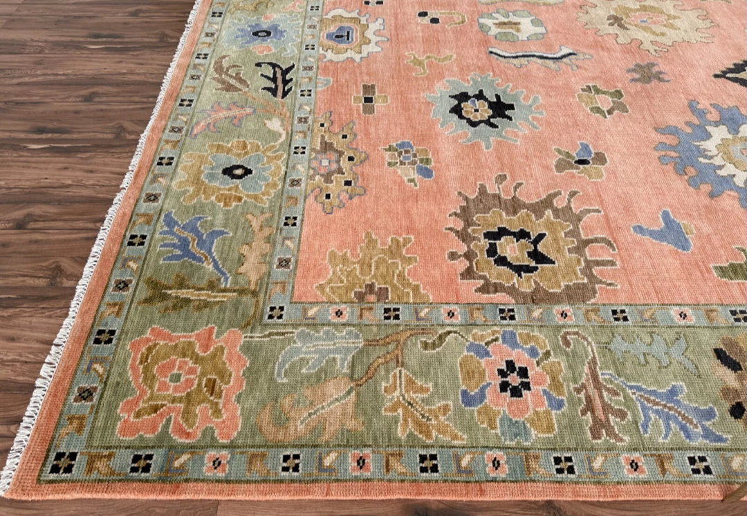 Hand Knotted Oushak Rug – Terracotta Turkish Wool Area Rug with Floral Motifs