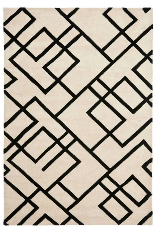 Modern Beige and Black Geometric Area Rug – Contemporary Abstract Line Pattern Carpet for Living Room, Bedroom & Office Decor