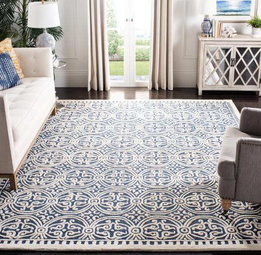 Blue & Ivory Area Rug with Bold Geometric Medallion Pattern – Modern Woven Carpet for Living Room, Bedroom & Home Décor