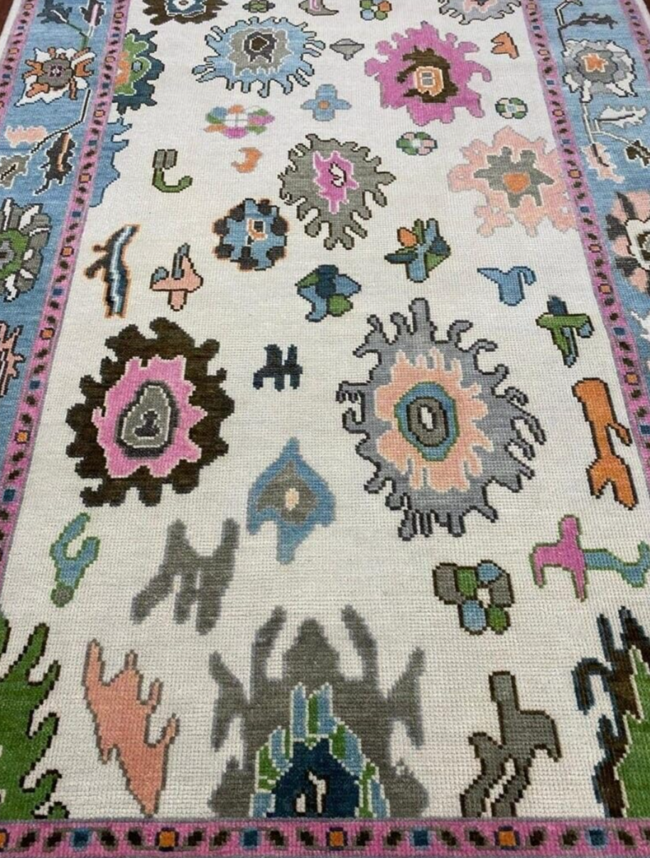Hand Knotted Oushak Rug – Modern Turkish Wool Area Rug | Blue & Pink Oriental Carpet, Bohemian Floral Design for Living Room or Bedroom