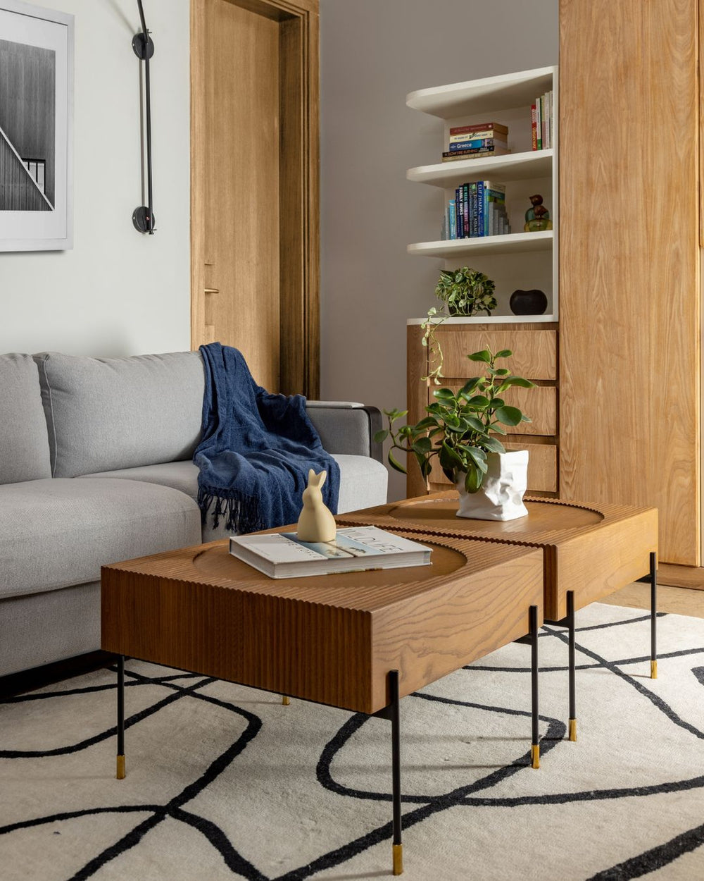 Modern Abstract Hand Tufted Rug – Minimalist Black Line Wool Area Rug for Living Room, Contemporary Neutral Carpet Decor