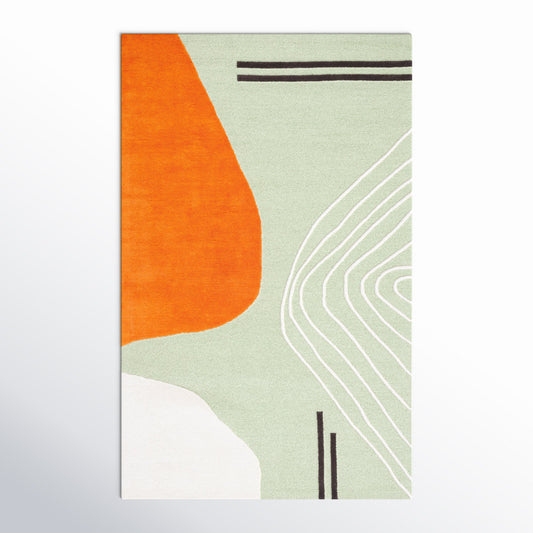 Modern Abstract Wool Rug – Green, Orange & White Hand-Tufted Carpet with Minimalist Line Art for Living Room & Office Decor