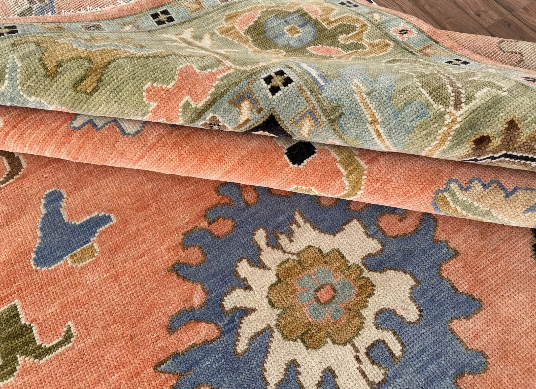 Hand Knotted Oushak Rug – Terracotta Turkish Wool Area Rug with Floral Motifs