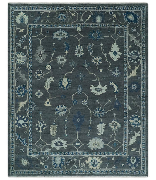 Handknotted Blue Gray Oushak Rug – Luxury Wool Turkish Carpet | Vintage Style Area Rug for Living Room & Bedroom Decor