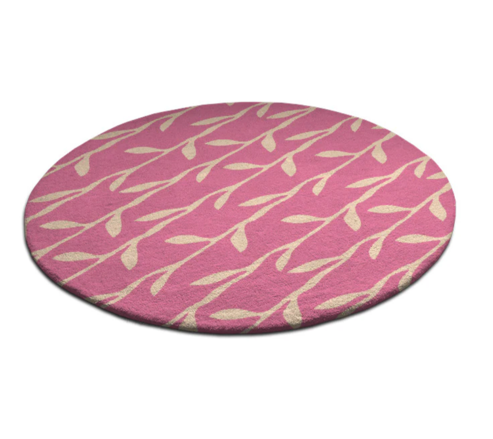 Pink & White Round Leaf Pattern Rug – Modern Floral Area Carpet for Living Room, Bedroom, Nursery & Home Décor
