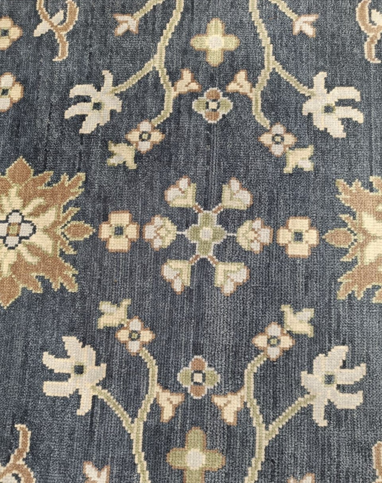 Luxury Hand-Knotted Oushak Rug – Deep Blue Turkish Wool Carpet with Floral Design