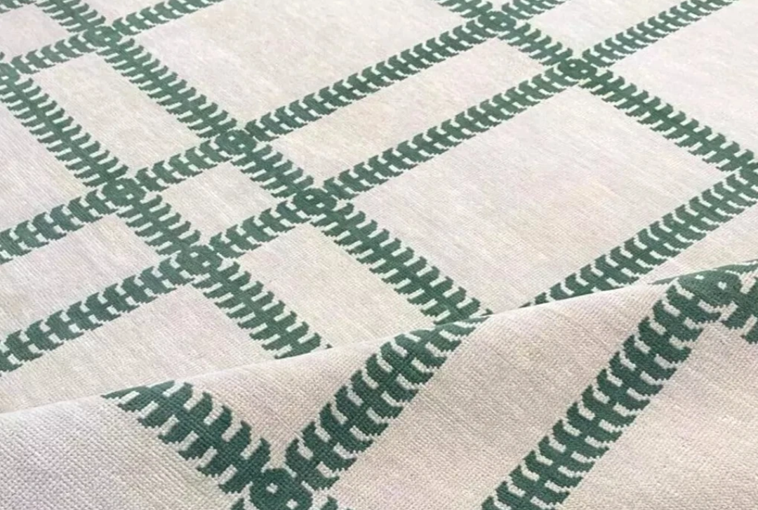 Modern Hand Knotted Oushak Rug – Green Lattice Wool Area Carpet | Cream Geometric Turkish Design