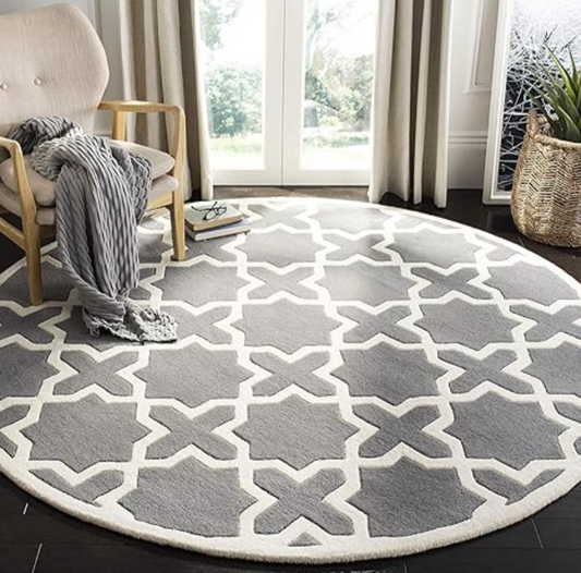 Round Gray and White Moroccan Area Rug – Modern Geometric Carpet for Living Room, Bedroom, or Office Decor