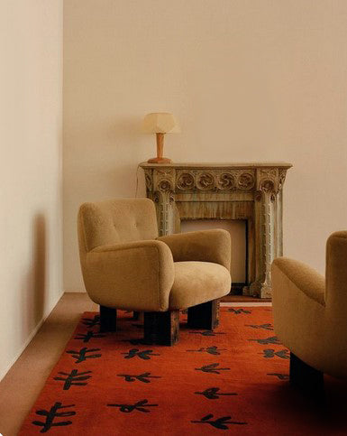 Hand Tufted Orange Wool Rug with Black Abstract Motifs | Modern Artisan Area Carpet