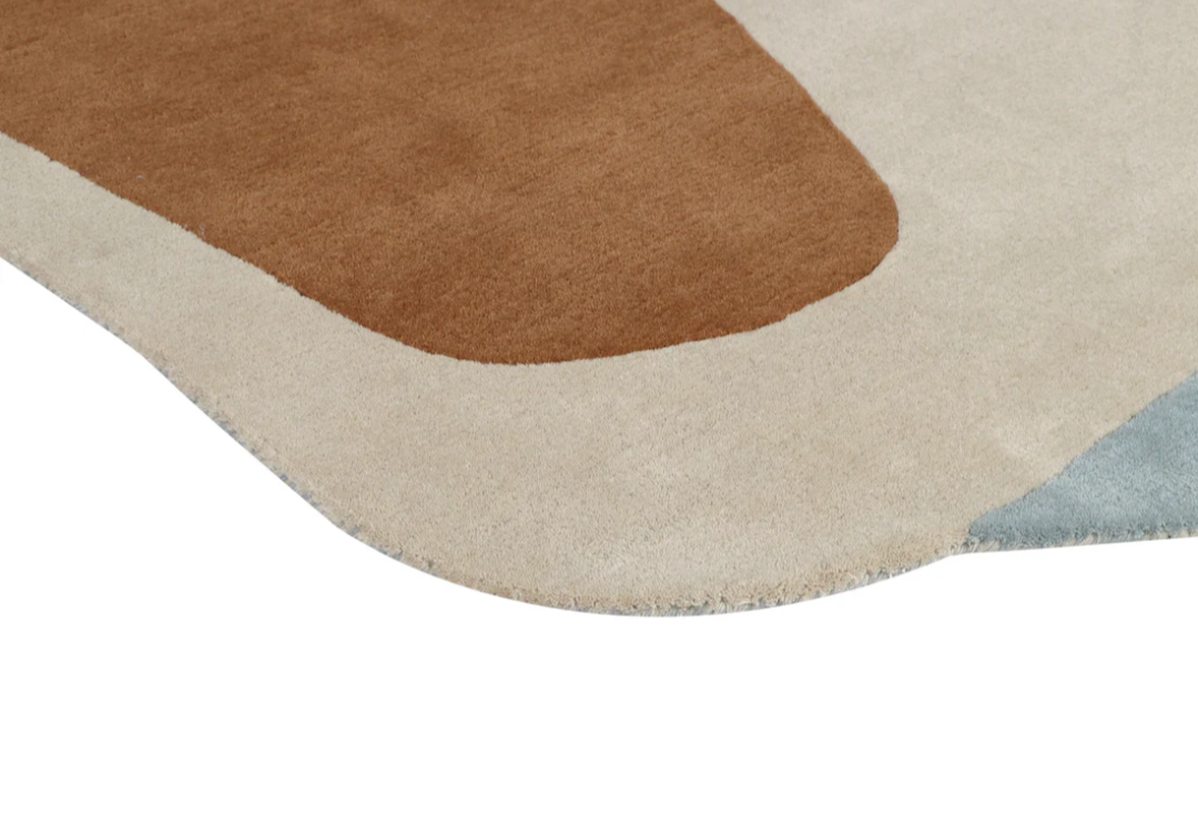 Modern Abstract Area Rug – Handmade Organic Shape Carpet in Blue, Beige & Brown for Living Room & Bedroom Decor
