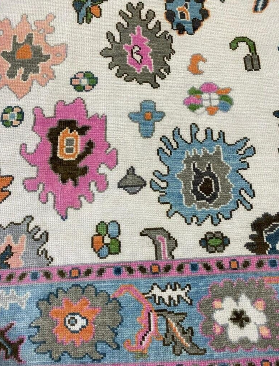 Hand Knotted Oushak Rug – Modern Turkish Wool Area Rug | Blue & Pink Oriental Carpet, Bohemian Floral Design for Living Room or Bedroom