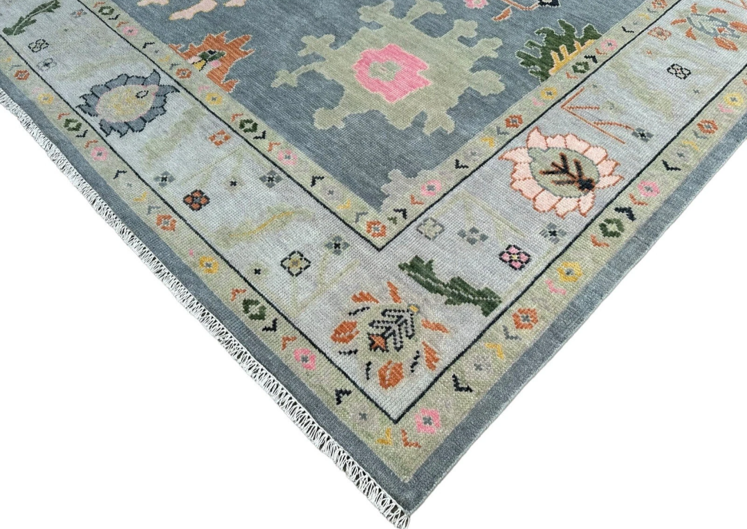 Hand Knotted Oushak Rug – Blue Turkish Wool Area Rug with Pastel Floral Motifs