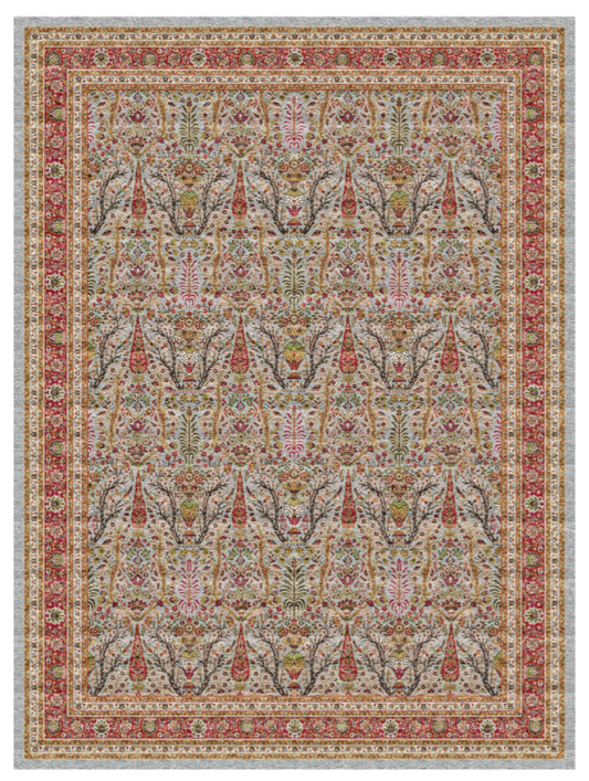 Persian Silk Look Area Rug – Ivory Floral Luxury Carpet with Traditional Border