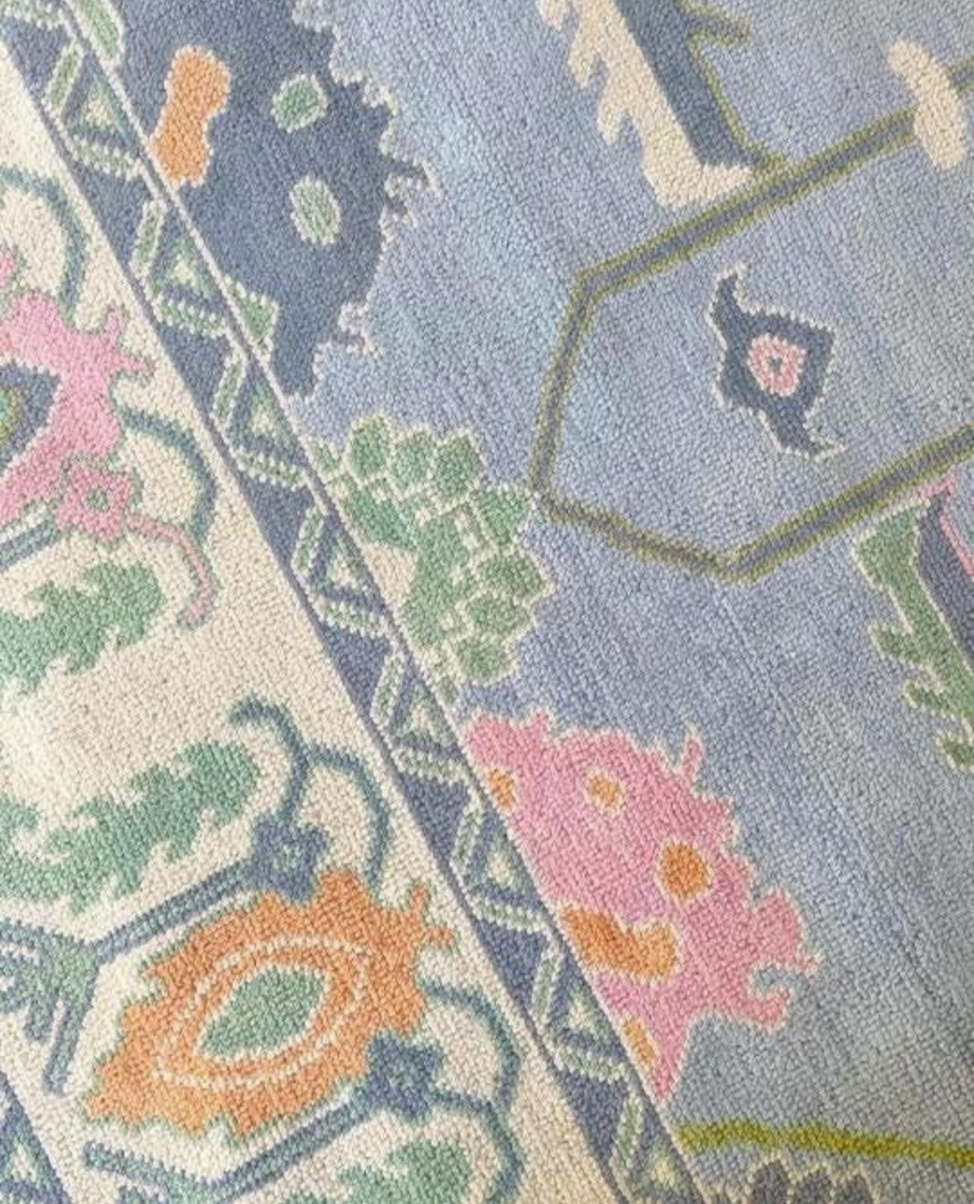 Handknotted Oushak Rug – Elegant Pastel Blue Oriental Design, Soft Durable Wool, Unique Home Décor Accent