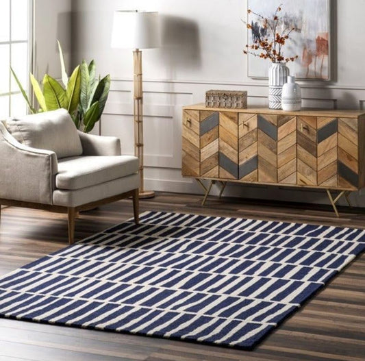 Modern Blue White Geometric Wool Area Rug | Hand-Tufted Carpet