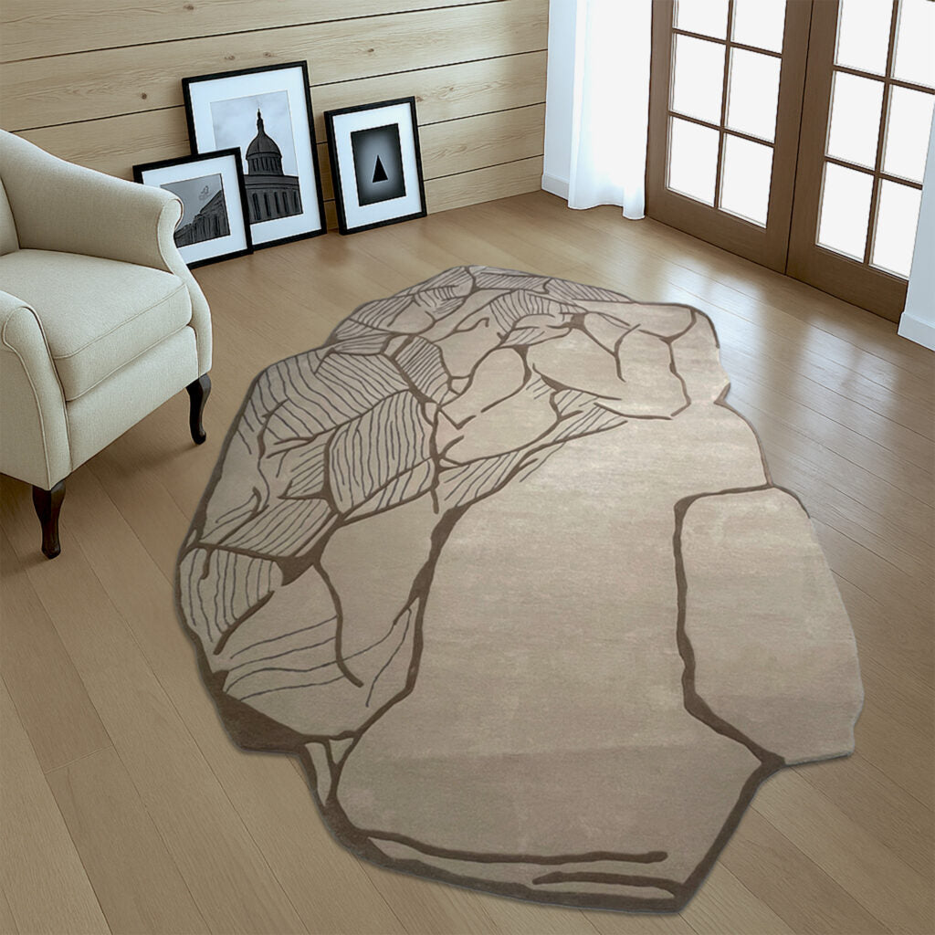 Stone Shape Area Rug – Irregular Modern Abstract Carpet in Beige & Brown for Living Room, Bedroom, or Entryway – Unique Geometric Rock-Inspired Floor Decor