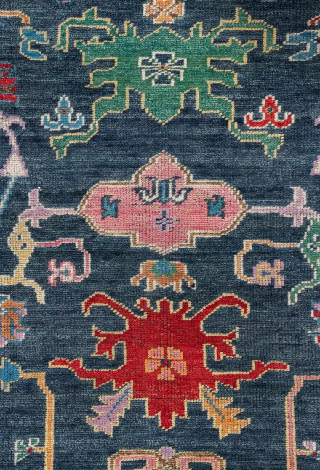 Hand-Knotted Oushak Rug – Deep Blue Multicolor Wool Area Rug, Turkish Oriental Design with Vibrant Motifs