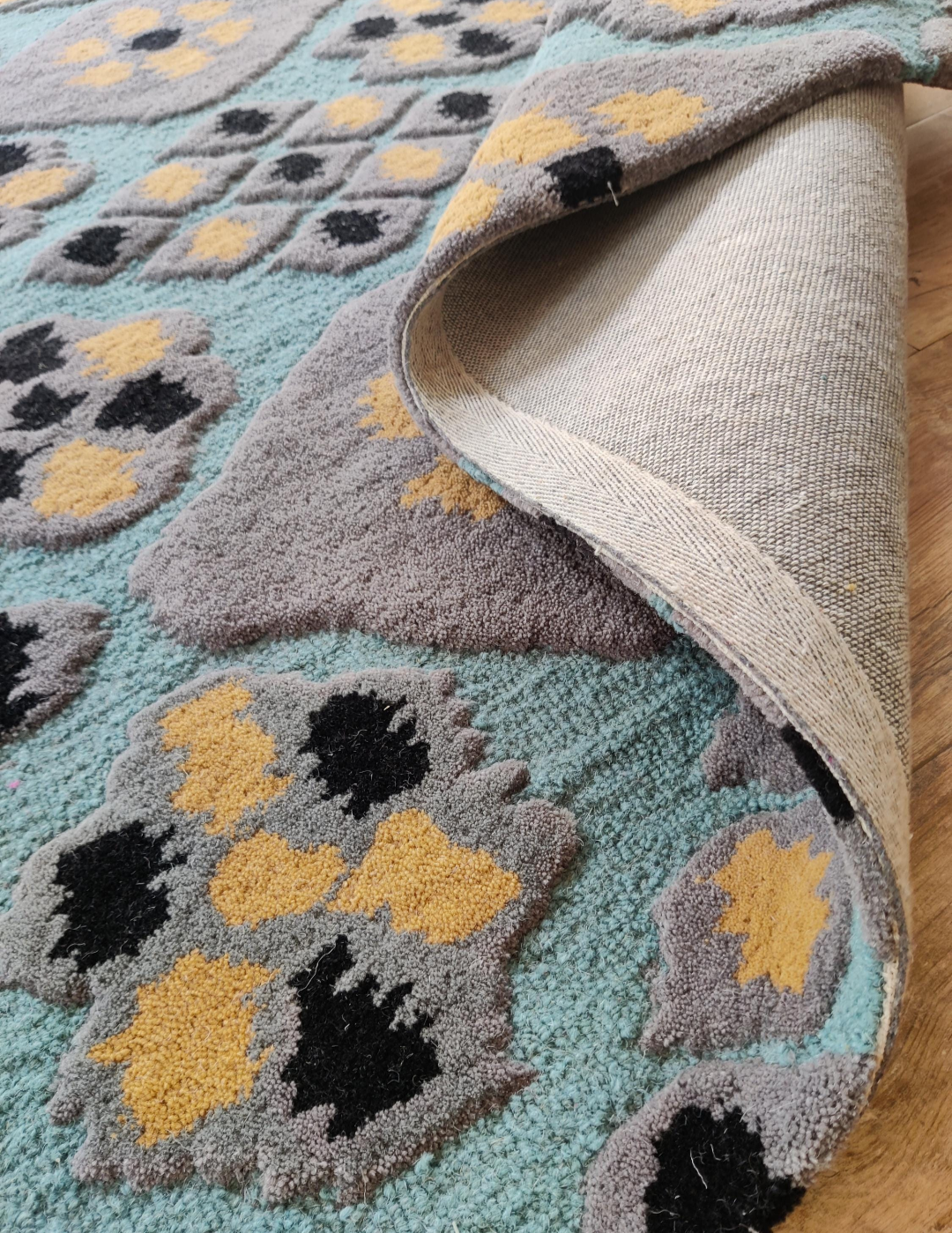 Handmade Wool Geometric Rug | Modern Blue & Grey Area Carpet with Yellow Accents | Contemporary Abstract Pattern Floor Rug for Living Room & Bedroom