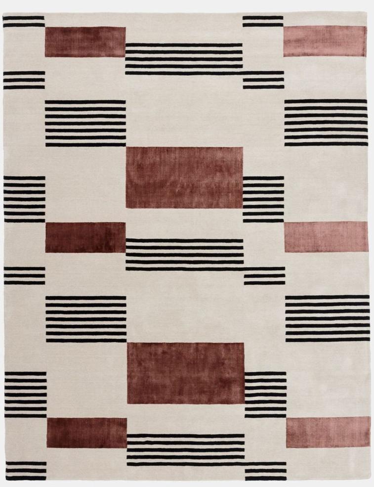 Modern Geometric Wool Area Rug – Handwoven Minimalist Abstract Carpet in Rust Red & Black Stripes for Living Room, Bedroom & Office Decor