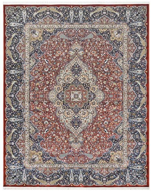 Luxury Persian Silk Rug – Red & Navy Oriental Medallion Carpet with Classic Floral Design