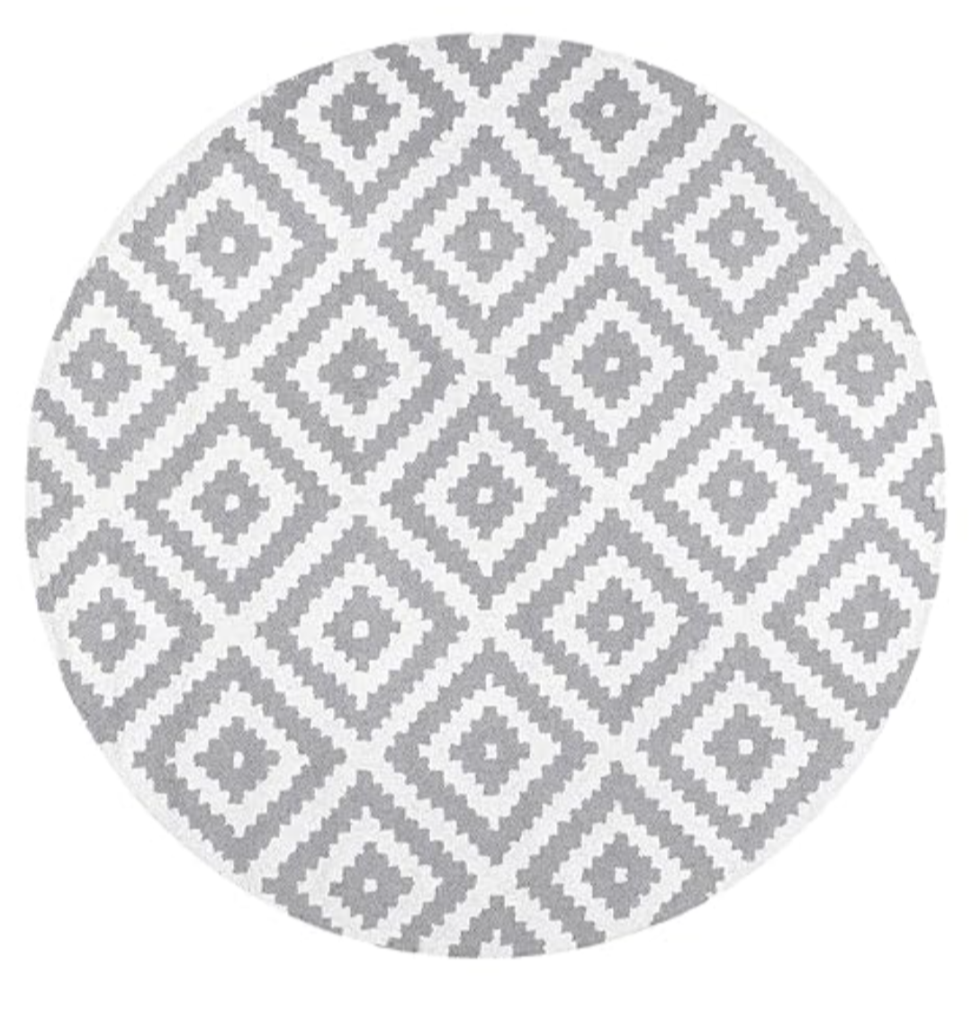 Round Grey and White Diamond Pattern Carpet – Soft Modern Area Rug for Living Room & Office – Stylish Geometric Floor