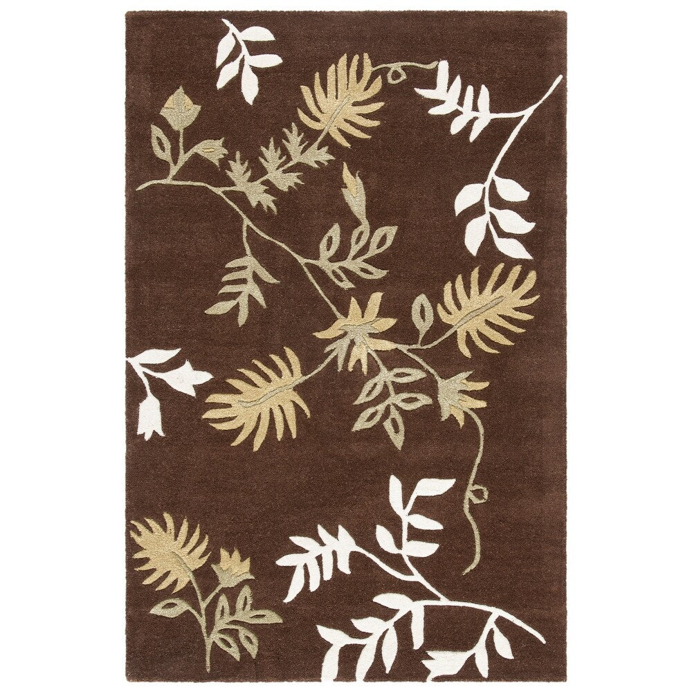 Brown Floral Area Rug – Elegant Botanical Leaf Pattern in Beige & White – Soft Hand-Tufted Carpet for Living Room, Bedroom & Modern Home Décor