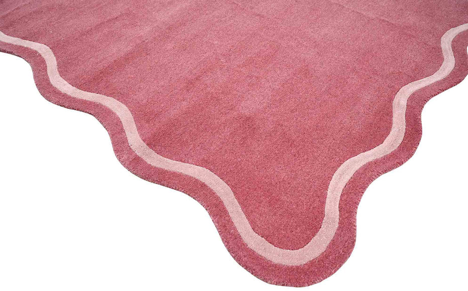 Modern Wavy Border Pink Rug – Hand-Tufted Scalloped Edge Area Carpet | Contemporary Living Room & Bedroom Home Décor