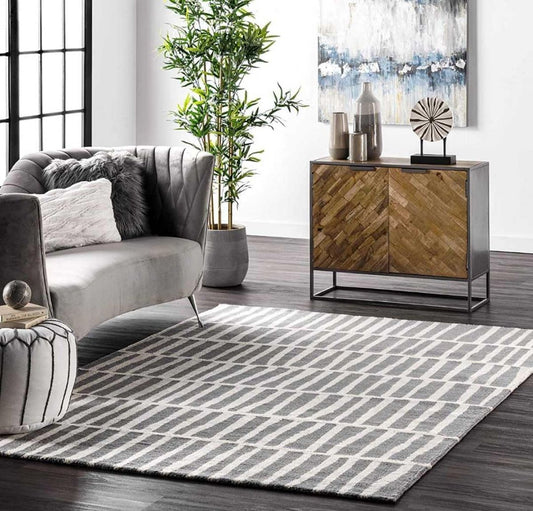 Modern Grey White Wool Rug Geometric Pattern Handmade Area Carpet for Living room