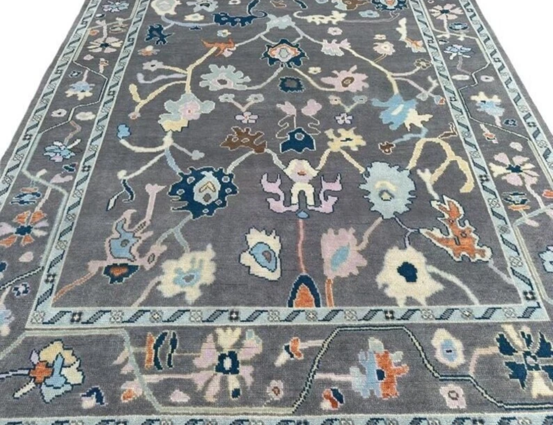 Modern Hand Knotted Oushak Rug – Grey & Blue Wool Area Carpet | Turkish Pastel Floral Design