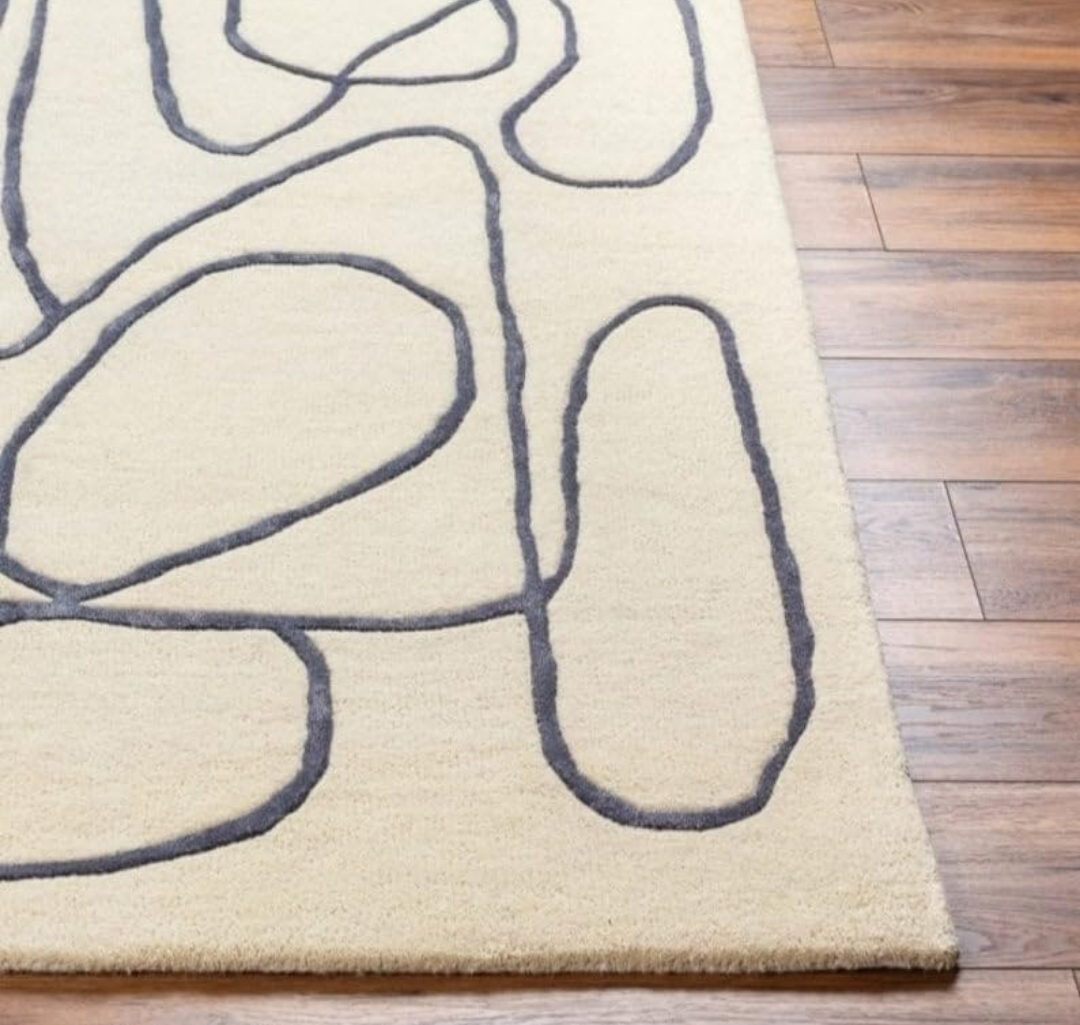 Modern Abstract Line Art Rug | Hand-Tufted Ivory Black Carpet for Living Room Decor