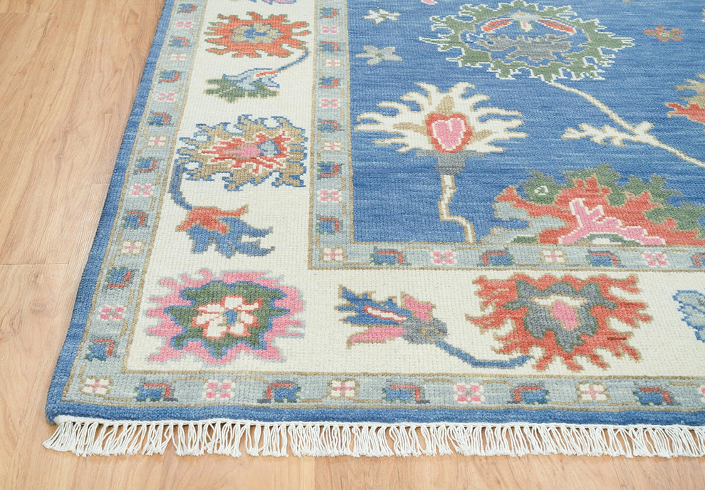 Hand-Knotted Blue Oushak Rug – Authentic Turkish Wool Carpet | Vintage-Inspired Oriental Area Rug for Living Room