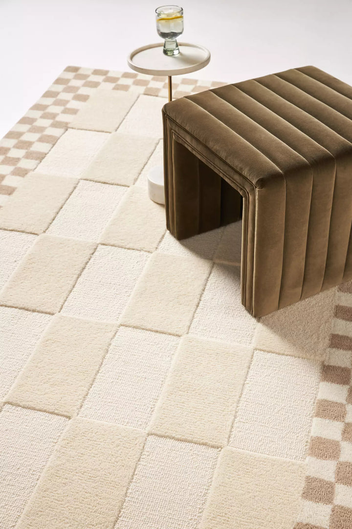 Modern Checkerboard Hand Tufted Wool Rug, Cream Beige Geometric Area Rug, Neutral Minimalist Living Room Carpet, Luxury Handmade Bedroom Rug, Contemporary Home Decor Gift