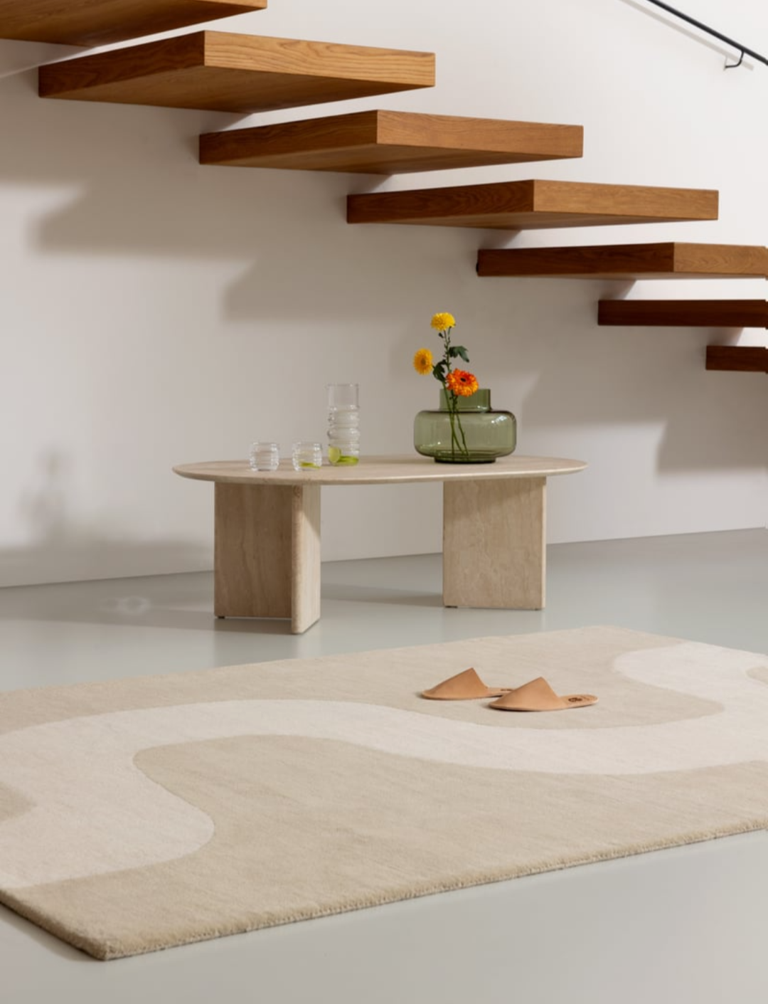 Modern Beige and Ivory Abstract Wool Rug – Handwoven Minimalist Wavy Design Carpet for Living Room & Bedroom Décor