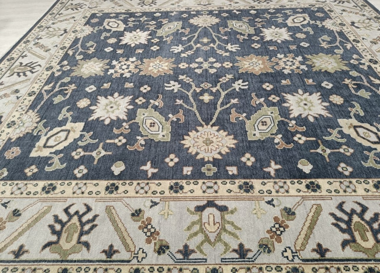 Luxury Hand-Knotted Oushak Rug – Deep Blue Turkish Wool Carpet with Floral Design