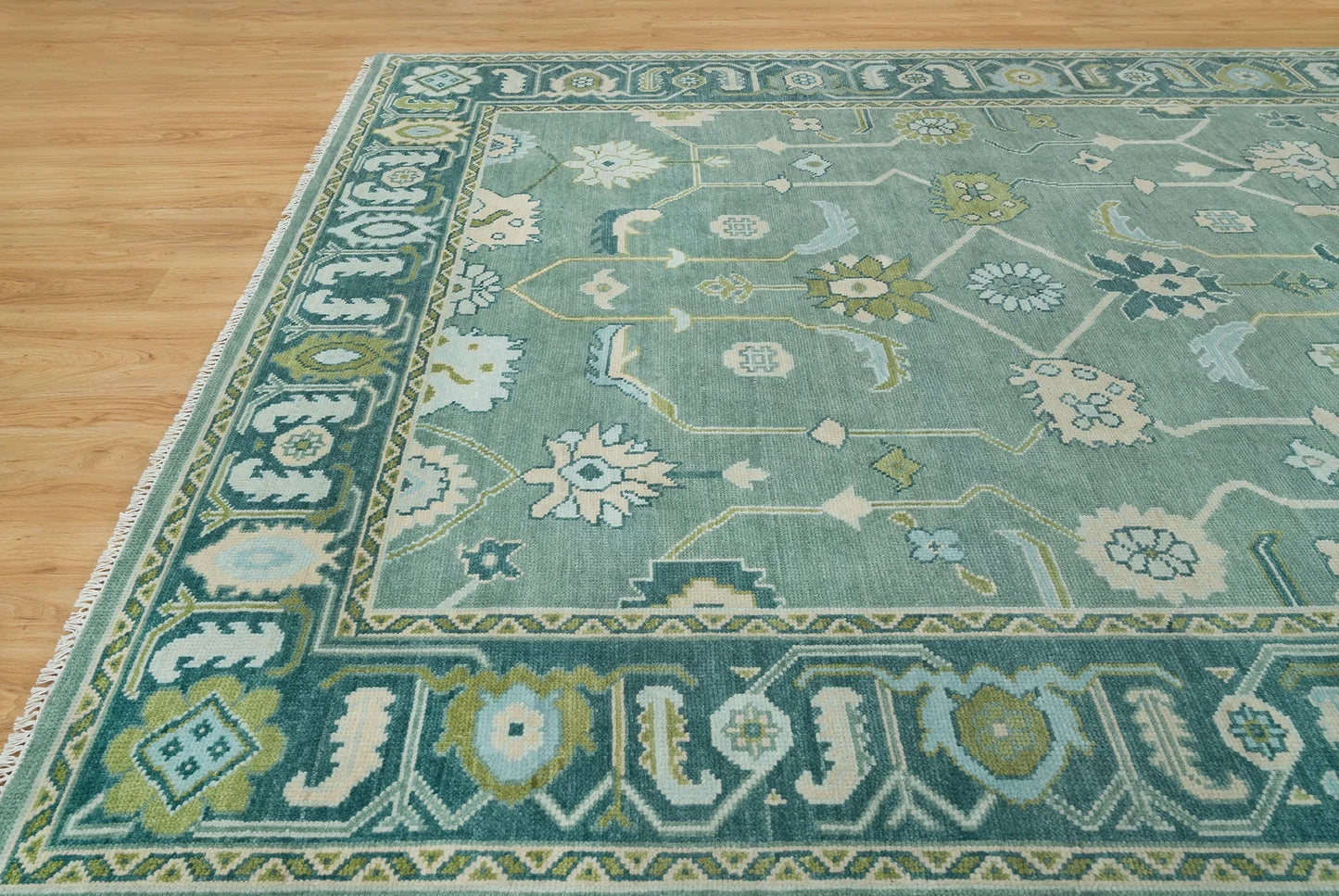 Luxury Hand-Knotted Oushak Rug – Soft Green Turkish Wool Carpet for Elegant Homes