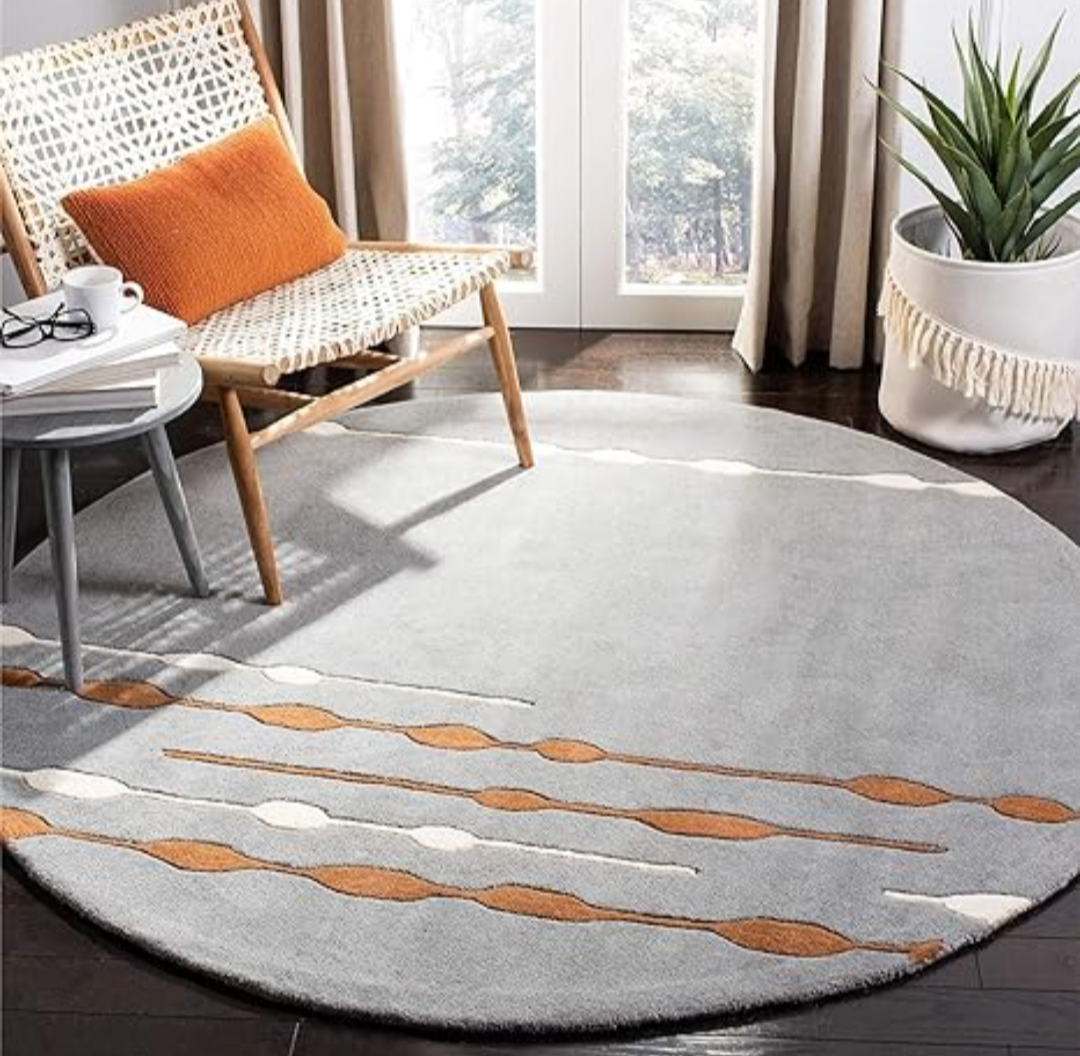 Modern Round Light Grey Area Rug – Minimalist Geometric Pattern Carpet with Rust and White Accents for Living Room, Bedroom, or Office