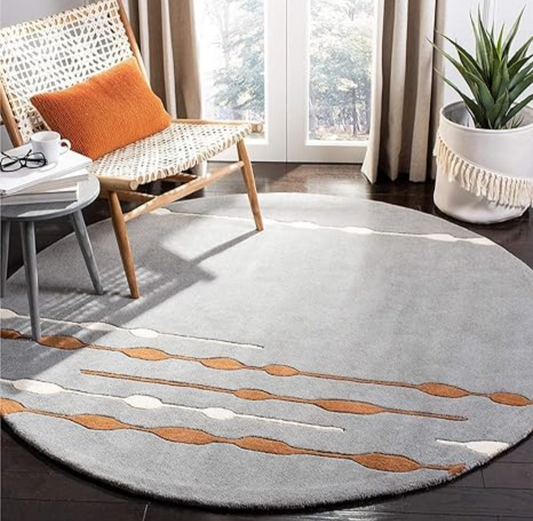 Modern Round Light Grey Area Rug – Minimalist Geometric Pattern Carpet with Rust and White Accents for Living Room, Bedroom, or Office