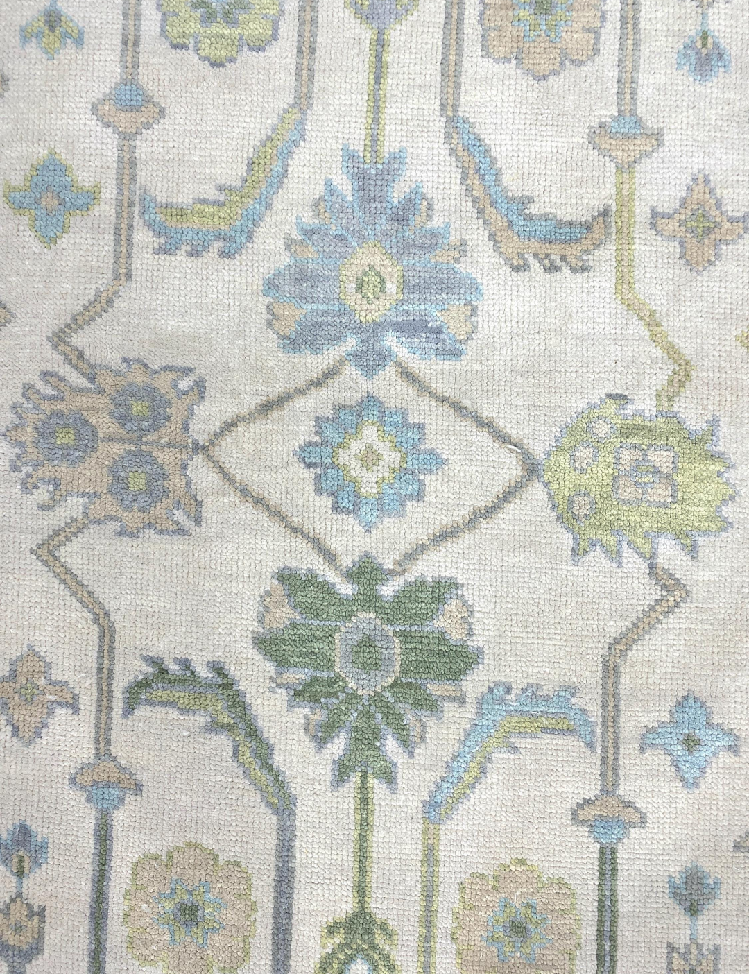 Handknotted Oushak Rug – Ivory Blue Green Turkish Area Rug, Traditional Handmade Wool Rug, Elegant Neutral Boho Home Decor