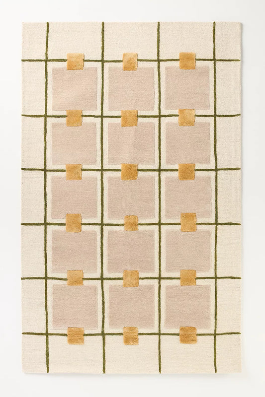 Hand Tufted Rug Modern Geometric Area Rug, Beige Green Living Room Carpet, Soft Wool Designer Floor Rug for Bedroom Home Decor